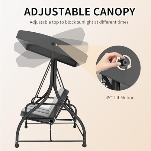 3-Seat Outdoor Porch Swing Glider with Adjustable Canopy, Patio Swings Bed with Removable Cushion for Porch, Backyard, Garden, Poolside, Balcony - Gray