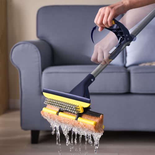 Image of Yocada Sponge Mop Home Commercial Use Tile Floor Bathroom Garage Cleaning | Total 3 Sponge Heads Squeegee and Extendable Telescopic Long Handle 42.5 to 52 Inches Easily Dry Wringing Only 3 Heads