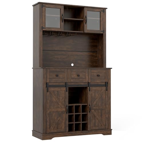TANGZON Tall Kitchen Cupboard, 4 Door Storage Cabinet with Wine Rack, Glass Holders, Adjustable Shelves, Drawers & Countertop, Freestanding Wooden Tall Sideboard Unit for Pantry Dining Living Room