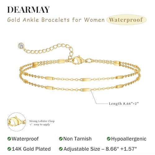 Image of DEARMAY Gold Ankle Bracelets for Women Waterproof, Non Tarnish 14K Gold Plated Beaded Link Chain Anklets, Layered Summer Beach Jewelry Gifts, Dainty Bikini Outfits for Vacation