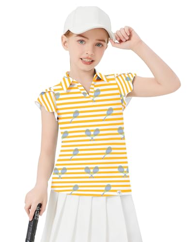 Image of Soneven Girls Ruffle Sleeve Polo Shirts V-Neck Golf Tennis T-Shirts Uniform Shirts Quick Dry for 4-14 Years