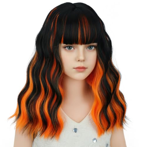 Image of Orange Mixed Black Wig Short Orange Black Wavy Curly Wigs Wig with Air Bangs Synthetic Cosplay Hair Wigs