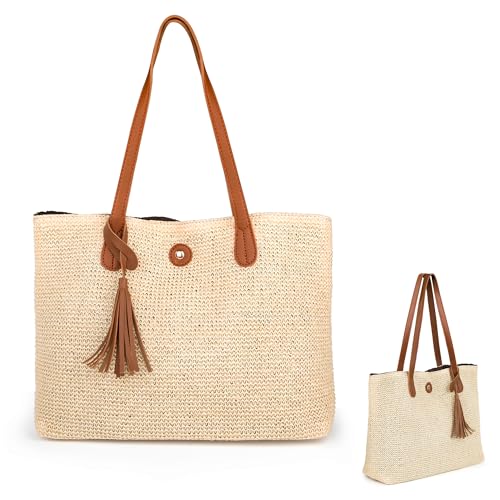 Tunejoy Bolso de Paja Mujeres Bolsos de Bandolera Verano Moda Tejidas a Mano Totes Gran Capacidad Crossbody Beige para Viajes Vacaciones Uso Diario Señoras Chicas Al Aire Libre con Hebilla