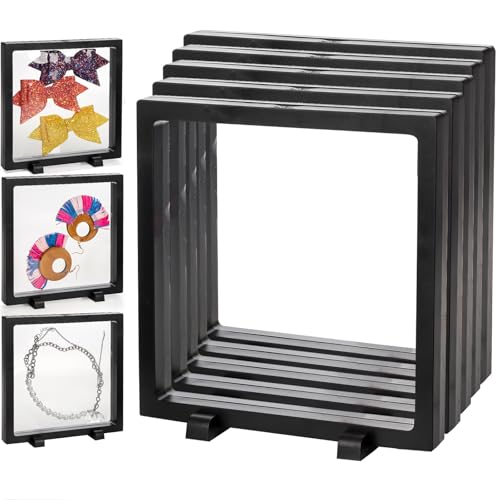 Dicunoy 8 Pack Large 3D Floating Display Case, 6' Black Rock Display Frames with Stands for Badges, Challenge Coins, AA Medallion, Megladon Tooth, Jewelry, Shells, Fossils, Gems, Minerals, Pins