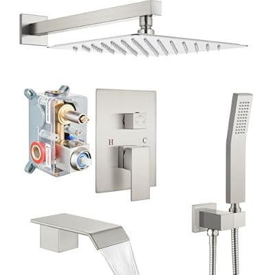 Cinwiny Shower System with Tub Spout Wall Mount Tub Shower Faucet Set Complete with Handheld Spray 3 Function Rough-In Valve Included,12 Inch Rainfall Shower Head,Brushed Nickel