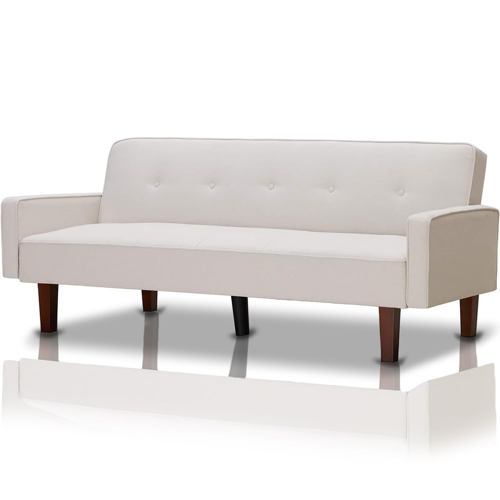 Shally Dogan Divano Letto 3 Posti con Apertura Veloce Sistema Clic Clac, Design Nordico, Divanetto Rivestimento in Lino Premium, Seduta Ampia e Imbottita ad Alta Densità e Piedini in Legno (Bianco)