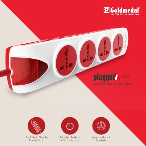 Image of Goldmedal 240 Volts Plugged-in 4x1 Extension Board | 4 Outlet Universal Sockets | Master Switch with Indicator | 5 Meter Heavy Duty Extension Cable | Multi Plug Socket for Home & Office