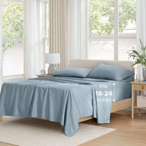 Comfort Spaces Extra Deep Pocket 100% Cotton Sheets Queen Fits up to 24 Mattress Breathable Naturally Cool Cotton Lightweight Cotton All Seasons Sheet Set Blue 4 Piece