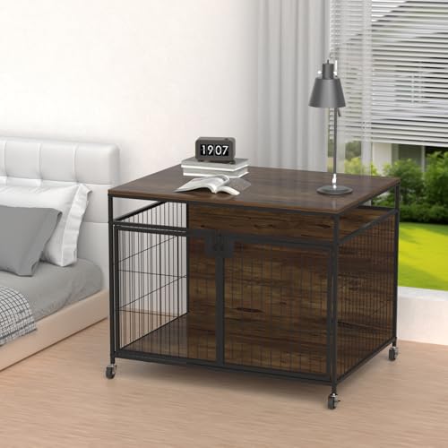 VyGrow Hundekäfig für Große Hunde, Hundebox aus Holz mit Doppeltüren, Robuste Hundekäfig-Beistelltisch für den Innenbereich, Drehbare Räder oder Fußpolster, 99,9 cm L x 71,1 B x 80,1 H