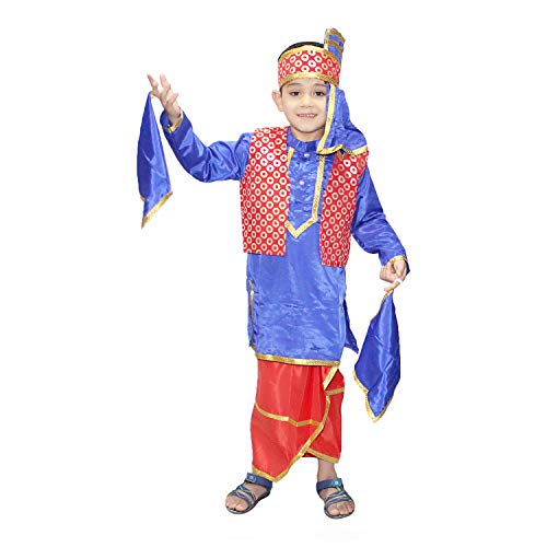 Image of Kaku Fancy Dresses Polyester Indian State Punjabi Folk Dance Costume for Kids /Bhangda Gidda Dance Costume For Boys - Red & Blue, 5-6 Years