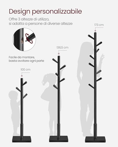 VASAGLE Attaccapanni, Appendiabiti da Terra in Legno, 8 Ganci, per Cappotti Cappelli Borse, per Ingresso, Ganci e Palo in Legno di Gomma, Nero Inchiostro RCR010B01 - Immagine 5