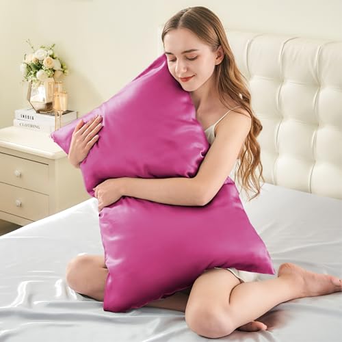Image of INFIIXSO Silk Pillow Cases 2 Pack Standard Size, Ultra Smooth & Soft Mulberry Silk Pillow Case for Hair and Skin, Breathable Cooling Silk Pillowcase with Hidden Zipper (Hot Pink, 20x26 Inches)