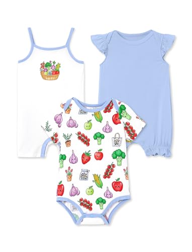 PATPAT Baby Girls Romper 3 - Pack with Bamboo Viscose, Newborn Footies with Snaps for Baby Infant Toddler Clothes Bodysuit, Veggie Pals, 6-9 Months