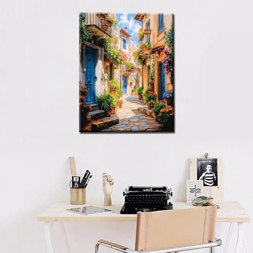 Image of Tucocoo Sunlight Scenery Paint by Number for Adults on Canvas Acrylic Pigment Brushes Clouds DIY Oil Painting Kits for Kids Beginner Italy Street Home Wall Decor for Living Room16x20inch Frameless