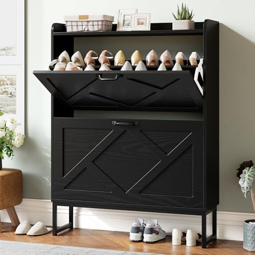 Image of Nicetree Shoe Storage Cabinet with 2 Flip Drawers, Freestanding Shoe Organizer, Shoe Cabinet with Metal Legs, Narrow Shoe Rack Cabinet, Farmhouse Slim Shoe Cabinet for Entryway, Foyer, Hallway, Black