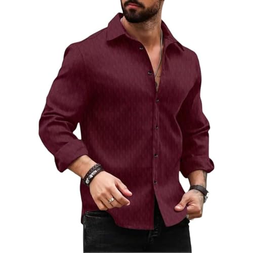 Image of DEELMO Men's Regular Fit Button Down Dress Shirts Textured Long Sleeve Casual Hawaiian Shirt