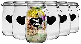 Nicola Spring Home Preserving Bundle - Set of 6 Embossed Heart Food Jam Storage Jars with Seals, Chalkboard Labels - 1.5L