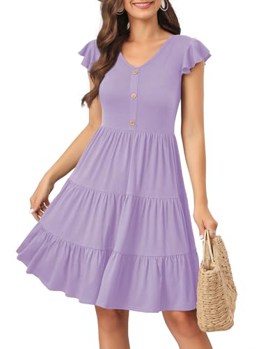 Image of Lamilus Summer Dresses for Women 2026 Ruffle Sleeve V Neck Non-See Through Tiered Babydoll Mini Dress Graduation Beach
