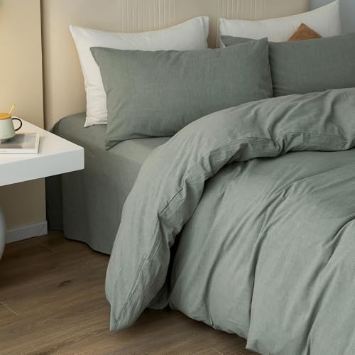 JIYUAN 100% Washed Cotton Duvet Cover Set 3 PCS Oversized King Plus, 1 Duvet Cover 128"x120"(Comforter Not Included) and 2 Pillowcases,Linen Feel Bedding Set Comfy and Breathable, Heathered Green