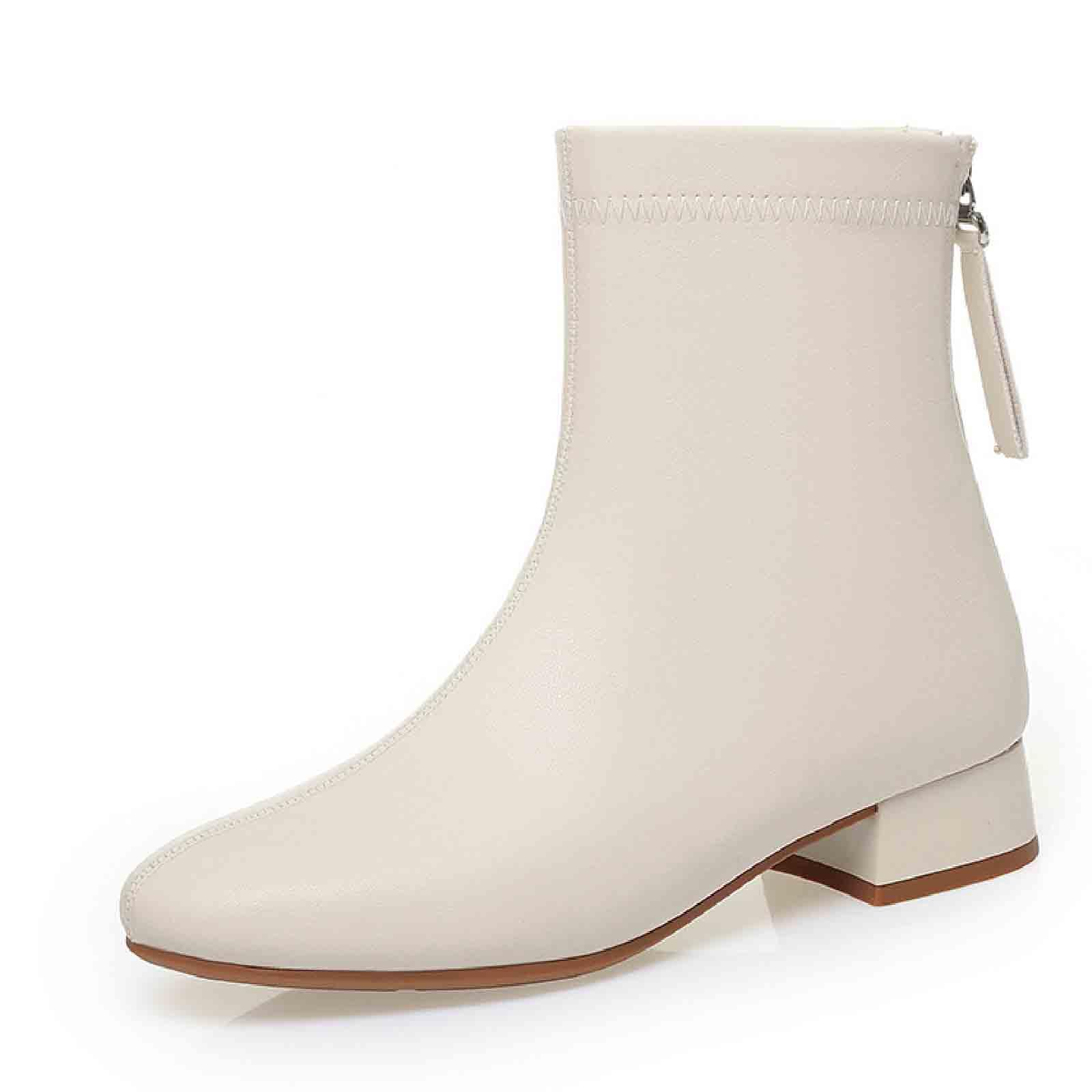 Women Pointed Toe Chunky Heel Ankle Boots Comfor Light Soft Leather Back Zipper Dress Booties Winter Fleece Lining