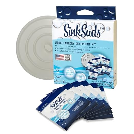 SinkSuds Travel Laundry Detergent Liquid Soap + Odor Eliminator for All Fabrics Including Delicates, (TSA Compliant), 6 Sink Packets (0.25 fl oz Each) + 4in Stopper, White