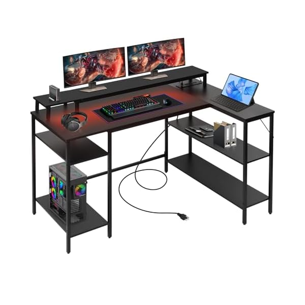 Panana L Shaped Gaming Desk with LED Lights & Power Outlets, Reversible Computer Desk with Stand & Shelves, Corner Desk Home Office Desk with USB Charging Port (Black)