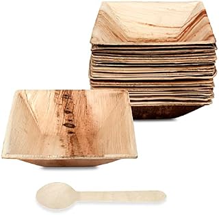 Disposable Palm Leaf Bowls and Wooden Disposable Spoons - 50 Pieces - 25 Palm Square Bowls and 25 Wooden Spoons - Compostable and Biodegradable Tableware Perfect for Picnics, BBQ, and Outdoor Parties