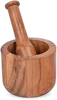 Samhita Acacia Wood Mortar and Pestle for Garlic Pepper Herb Crusher Kitchen Utensils, Housewarming Gift Mortar size(Cm): 10.16cm x 7.62cm Pestel Size (CM): 13.97cm