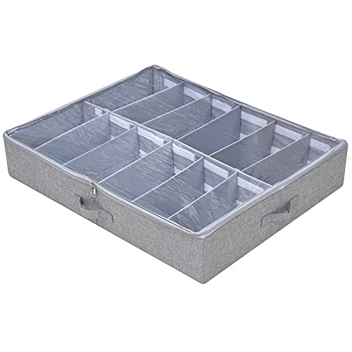 iwill CREATE PRO Washable Under Bed Shoe Storage Organizer for Closet, Shoe Container Box Bedding Storage with Clear Cover (12 Pairs), Made by Durable Plastic Boards & Flax Fabric. Dark Gray