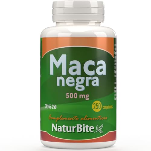 Maca Negra 500mg, 250 comprimidos, NaturBite. Extracto de raíz de maca negra de alta concentración, soporta mayor resistencia y aporta energía.