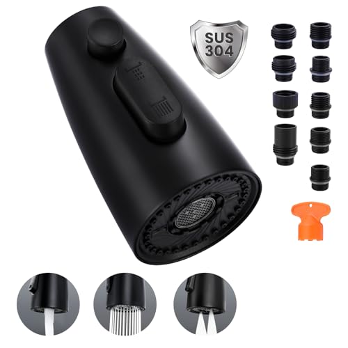 Kitchen Faucet Head Replacement:Stainless Steel Spray Head,3 Modes Pull Out Spray Nozzle with 9 Adapters for Kitchen Sink Faucet,Compatible with Moen Kohler Delta Kitchen Faucets G1/2 Male,Matte Black by WOWOW - Used condition - US$15.56