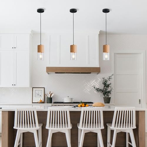 Image of 2-Pack Modern Pendant Lights for Kitchen Island, Adjustable Pendant Light Fixtures with Raw Wood Grain, Industrial Clear Glass Pendant Lights for Dining Table Hallway Bedroom Living Room