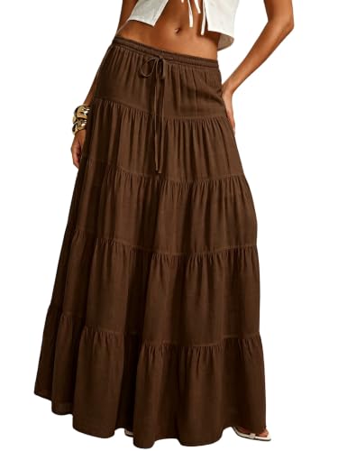 Image of Women's Boho Maxi Skirt Ruffle Flowy Low Rise A Line Beach Long Skirts | Flared Ruffle, Elastic Waist, Summer Vacation Skirts