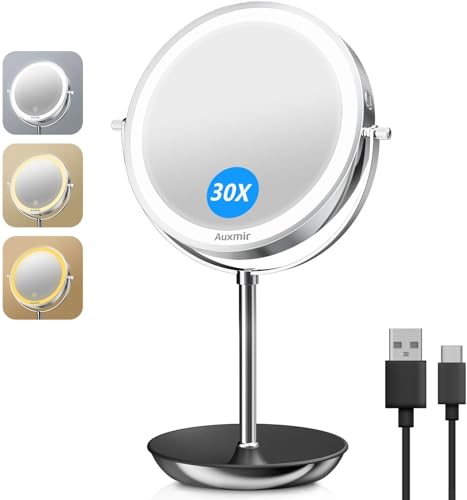 Auxmir 8 Pouces Miroir Grossissant Lumineux, 30X/1X Double Face, Miroir Grossissant sur Pied, Mirroir Maquillage Lumineux Rechargeable avec 3 Couleurs, Mirroir LED Rotation à 360° pour Chambre, Bureau