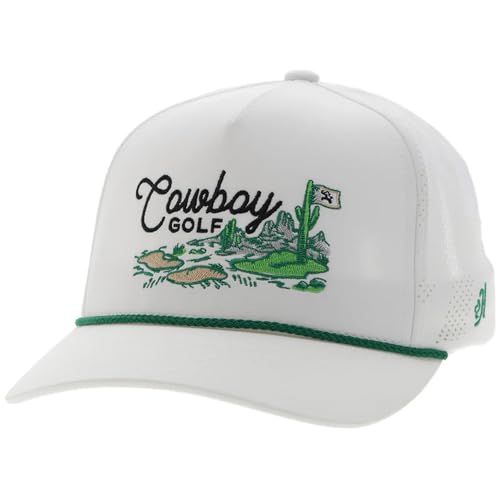 HOOEY Cowboy Golf Hills Hat - Adjustable Snapback Rope Cap, Performance Golf Hat with Embroidered Western Design (White)