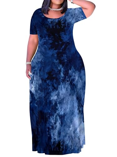 Image of PinkPatty Plus Size Dress for Women Casual Crew Neck Short Sleeve Maxi Dress Oversized Summer Beach Dresses with Pockets