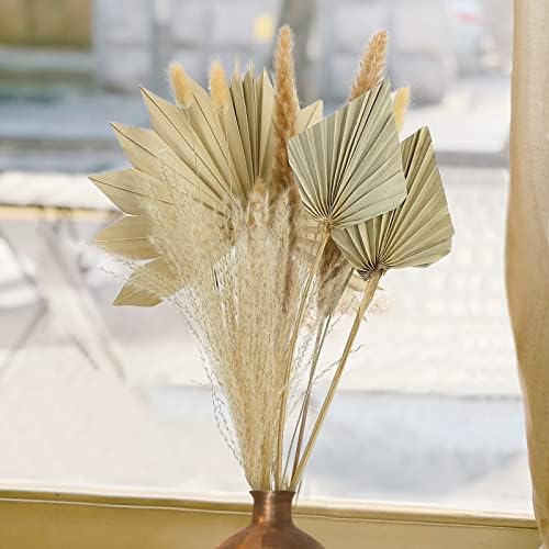 NORSENS 13 PCS Dried Palm Leaves Pampas Grass Decor,Natural Bohemian Dried Palm Fans Spears Plant Pampas Bouquet for Vase,Tropical Palm Leaves Decoration for Wedding Party Home Office (Natural Color)