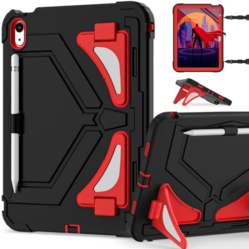 Scnioy Case for iPad (A16) 11th Generation 2025, iPad 10th Generation Case 2022, Kids Friendly i Pad 10th Gen Cover with Multi Angles Kickstand Shoulder Strap Screen Protector 11/10.9 Inch, Black Red