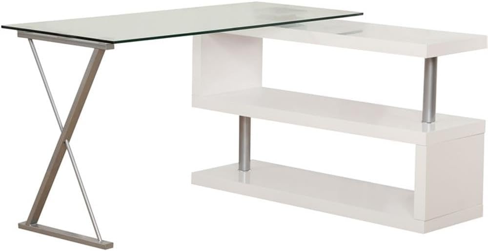 Acme Furniture Buck Metal and Wood L-Shaped Writing Desk in White/Clear Glass