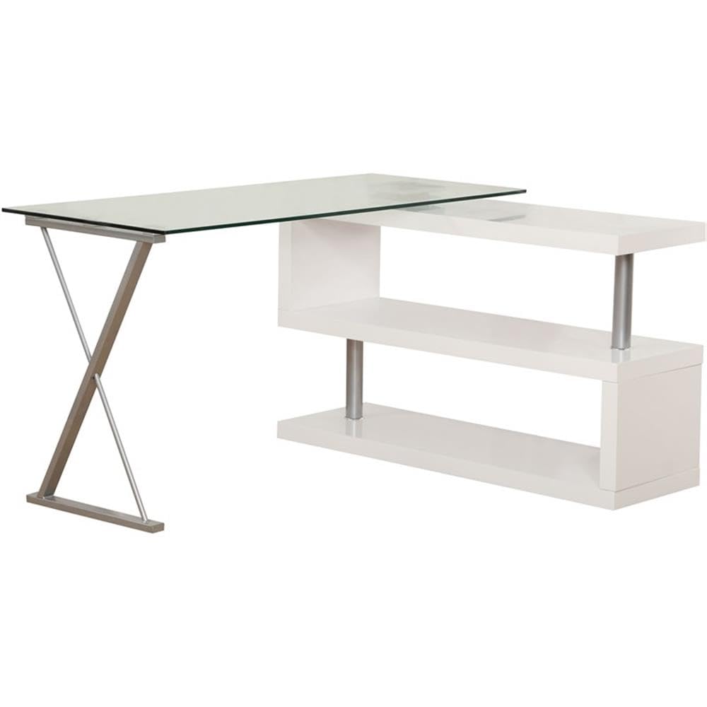 Acme Furniture Buck Metal and Wood L-Shaped Writing Desk in White/Clear Glass