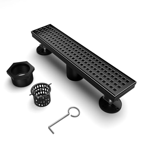 Image of BARONAGE Linear Shower Drain 12 Inch, Square Grate, Matte Black | V-shaped Rapid Linear Drains, Rustproof, Hair Catcher, 304 Stainless Steel Rectangle Shower Floor Drain For Bathroom