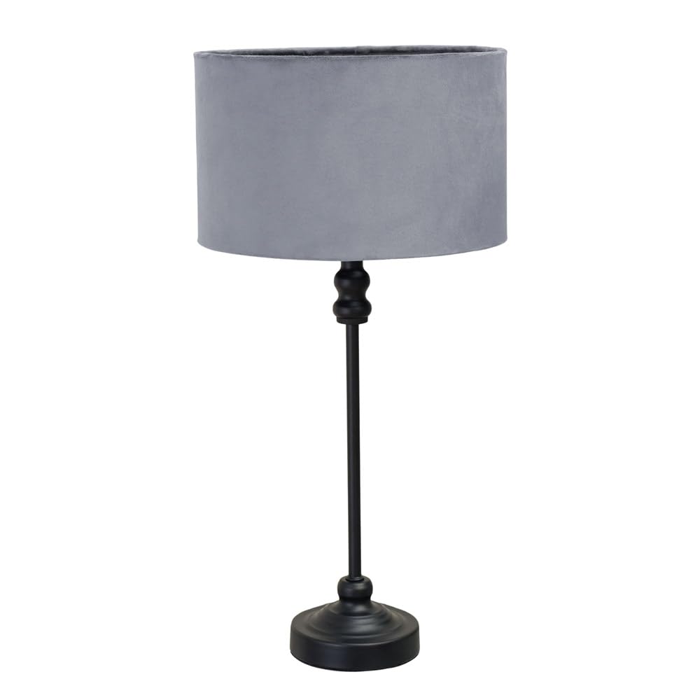 Black Metal Candlestick Table Lamp with Grey Velvet Drum Shade Bedside Light