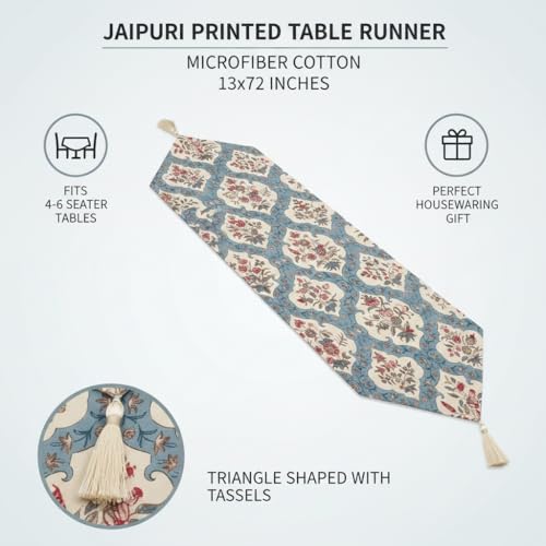 Image of COZY FURNISH Reversible Floral Dining Table Runner - Microfiber Cotton Decorative Runner with Tassels for 6 Seater Table & Bed (13x72 Inches)