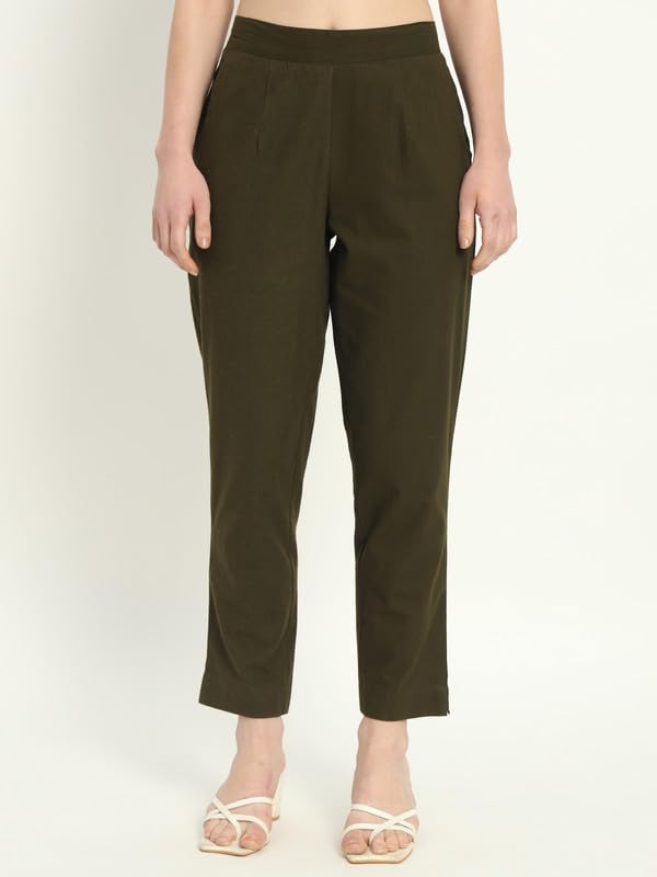 Image of Women's Solid Straight Fit 100% Cotton Trousers | High Waist, Side Pockets, Ankle Length Pants for Office, Casual