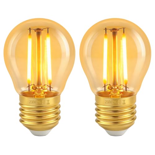 Image of MLOQI 2 Pack Vintage Light Bulb E27 Edison Screw Bulb, G45, 2W LED Filament Equivalent 20 Watt, 2200K Warm Amber Glow Clear Glass | 220-240V | Non-dimmable | Golf Ball Bulbs