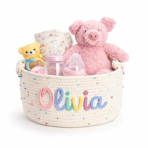 MBBEST Personalized Baby Basket with Name, Cotton Rope Nursery Storage Basket, Custom Baby Shower Basket, Small Diaper Caddy Organizer for Boys & Girls，Cute Girl & Boy Baby Gifts