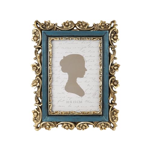 Sunlit Vintage Picture Frame 4x6 Inch, Luxury Antique Photo Frames with Glass Front, Photo Display, Tabletop Wall Hanging, Gift Ideas, Retro Blue and Gold