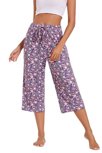 Image of Kabento 2 Pack Womens Pajama Pants Capri Sleep Lounge Pants Drawstring Pj Bottoms with Pockets