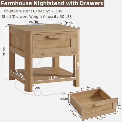 Image of Joaxswe Farmhouse Night Stand Set of 2 with Charging Station, Wood Bed Side Tables Bedroom Set of 2 with Drawer & Open Storage Shelf, Natural Wood