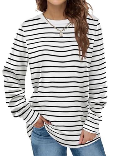 Dofaoo Crewneck Sweatshirts Women Fall Fashion Must Haves Long Sleeve Shirts Cute Tops Loose Winter Clothing Striped Black L